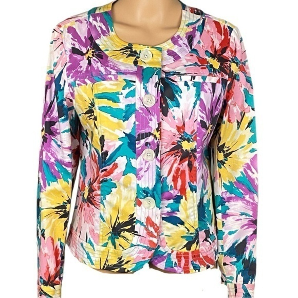 COLDWATER CREEK abstract colorful floral buttoned jacket w/Pockets Size 12 EUC